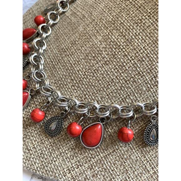 Faux Red Turquoise Necklace Charm Dangles Aged Silver Tone with Lobster Clasp- - Picture 4 of 6